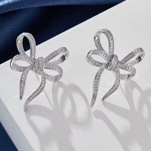Bow Ribbon Crystal Elegant Silver Earrings